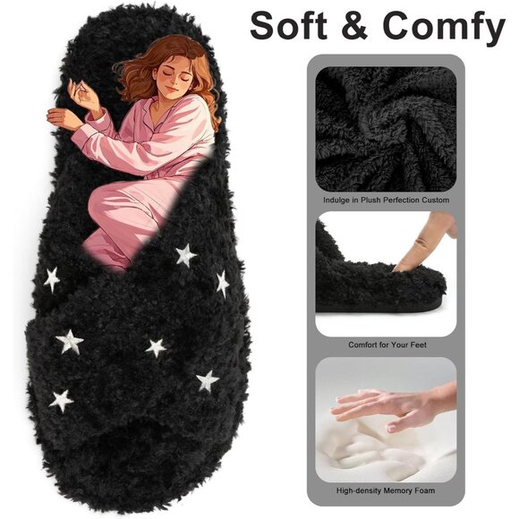 ⚡Women’s Black Star Faux Fur Cozy Fuzzy Cross Band Slippers Indoor House Shoes - Picture 3 of 6